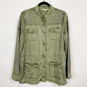 Chicos olive green soft embroidered utility military Shacket jacket Size 3